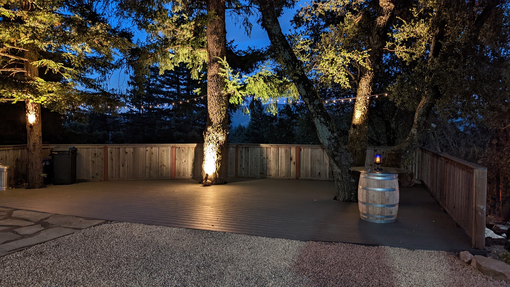 Illuminated evening deck at Living Well Event Center