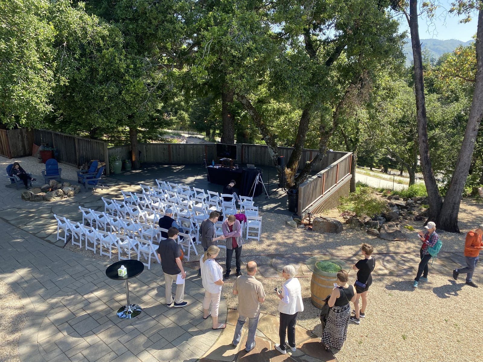 Outdoor patio and fire pit seating at Living Well Event Center