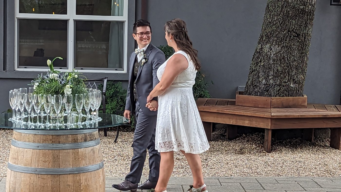 A couple arriving at their reception at Living Well Event Center in the Santa Cruz Mountains